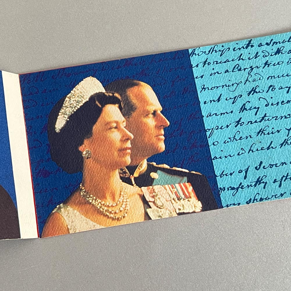 Página interior Stamp Pack diseñada por Ángel Beamonte para la visita de la Reina Isabel II a Australia en 1970.