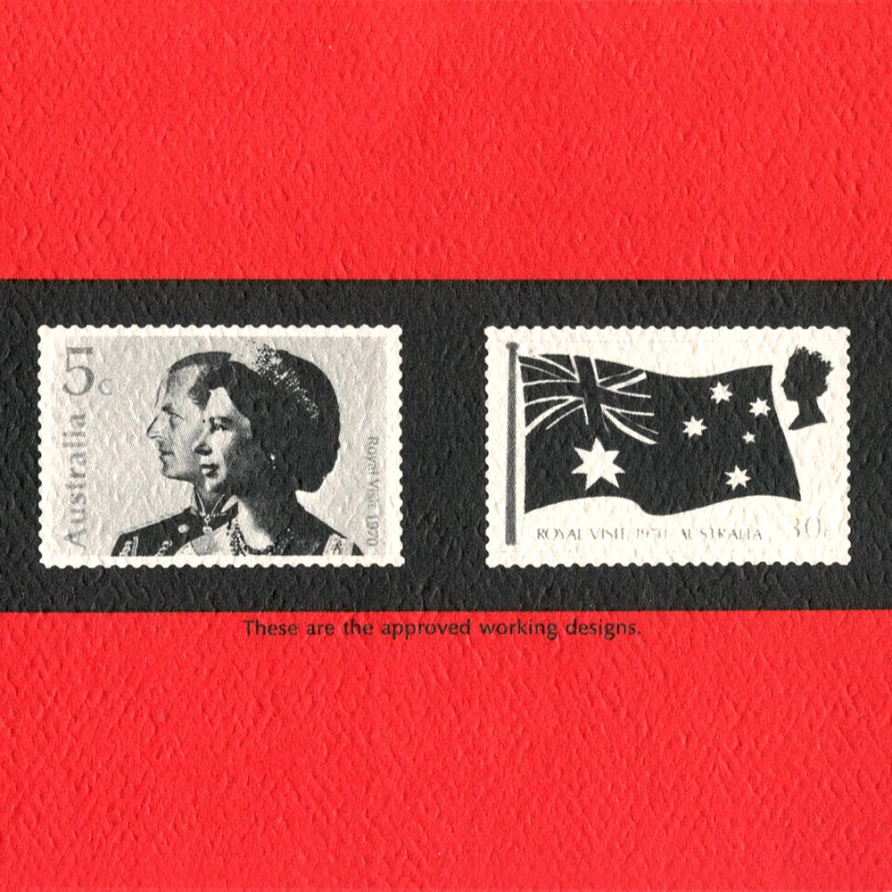 Stamp Pack y sellos conmemorativos diseñados por Ángel Beamonte para la visita de la Reina Isabel II a Australia en 1970.