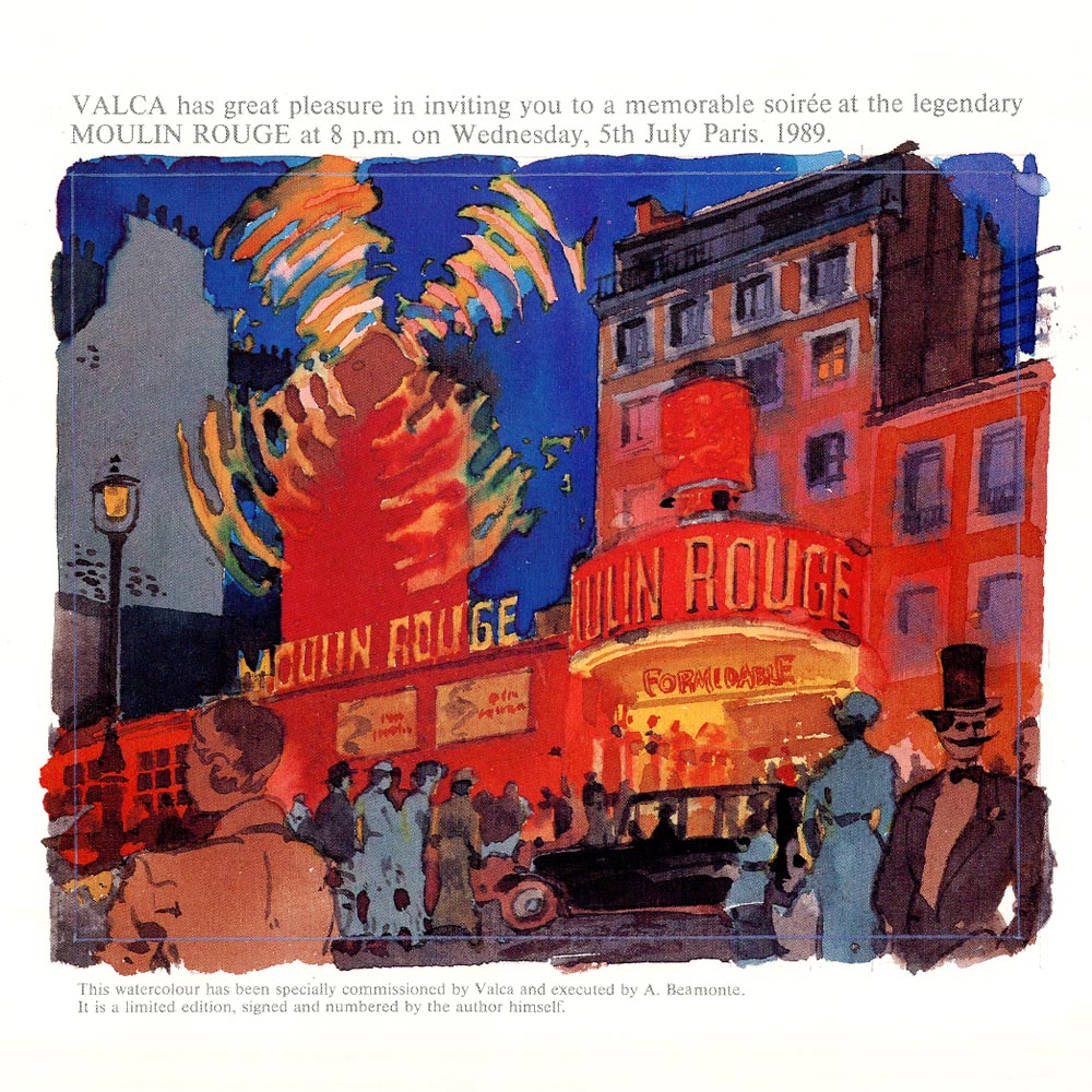 Diseño de invitación con acuarela del Moulin Rouge, para evento corporativo organizado en París por Valca.